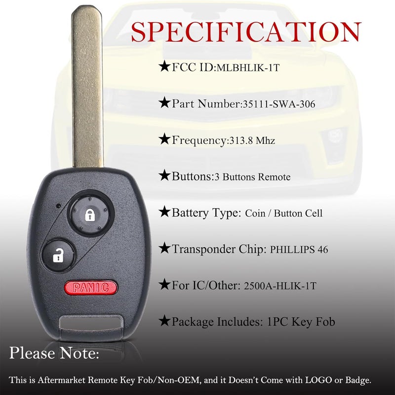 MechanMagic بديل مفتاح التحكم عن بُعد يناسب هوندا CRV 2007 2008 2009 2010 2011 2012 2013/CRZ 2007-2014 2015/فيت/إنسايت/أكورد كوبيه/كروس تور MLBHLIK-1T التحكم عن بُعد بدون مفتاح 35111-SWA-306 - Image 2